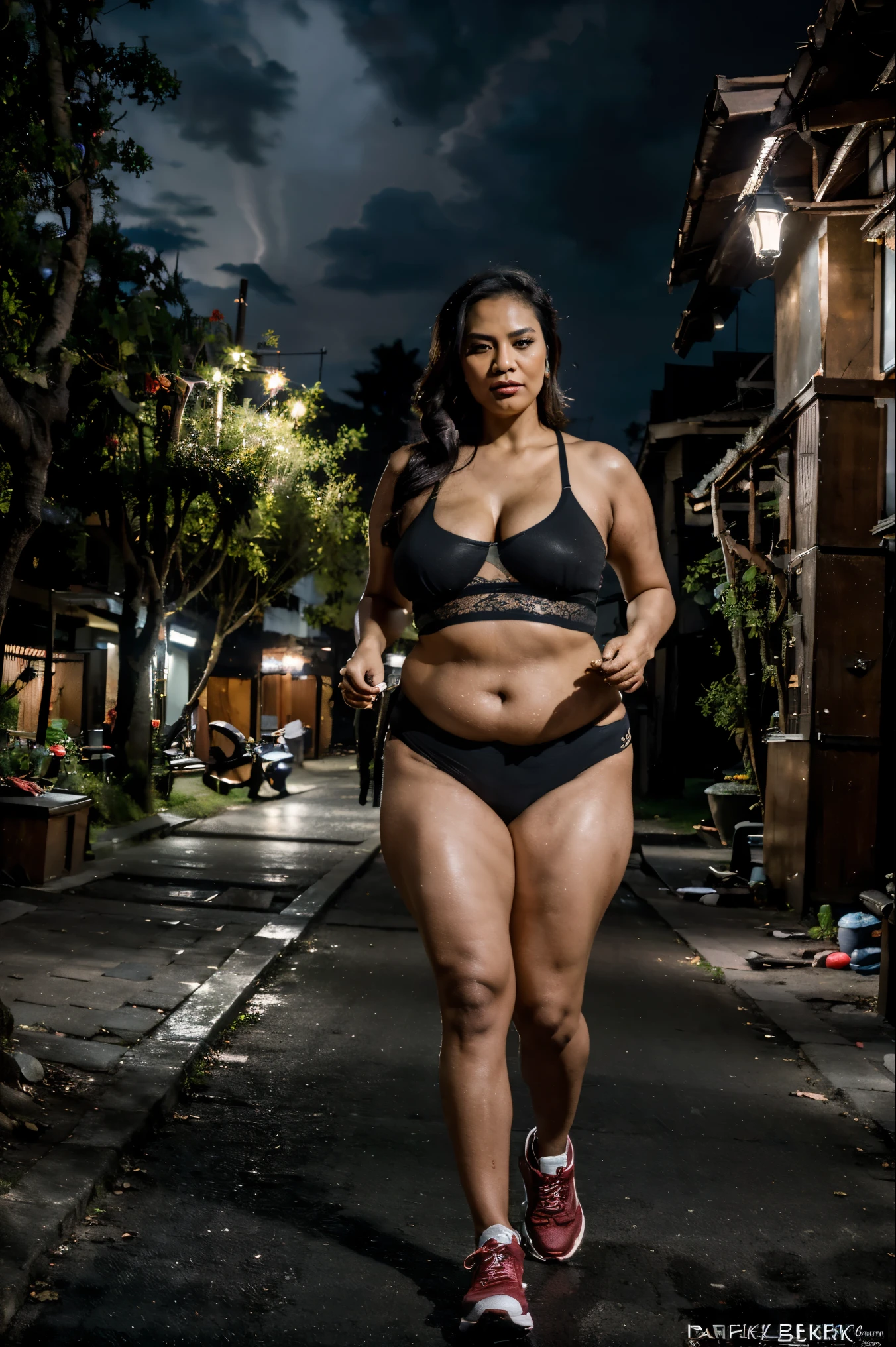 (Nighttime - dark sky - outside - quiet Indonesian neighborhood alleyway with lot of trees:1.75), (near the housing complex security guard post alleyway), night, dim-lights, Chinese 45 yo fleshy Milf, (fair complexion:1.25), very beautiful, (micro-sportsbra:1.55), (micro-sportsthong:1.75), (massive breasts under the tanktop:1.45), (I have thick milf's arms:1.85), curvy - no muscles, fully clothed, (sneakers), (I'm jogging/running:1.5), (at evening night), ((Indonesian housing complex road at night - Indonesian lonely neighborhood)), (full-body - head to boot), anusha cleavage,, busty, voluptuous, thick, curvy model body, body dents, visible lips, plump, fleshy juicy hips, glossy sweaty skin, 🤬❤❤️‍🔥💦🍑, juicy lips, plump red lips, fantasy character art, absurdres, high res, ultrasharp, 8K, professional photograph, award-winning portrait, masterpiece, high detail full-body view, symmetrical, Nikon D850, 85mm lens, f/1.8, depth of field,  