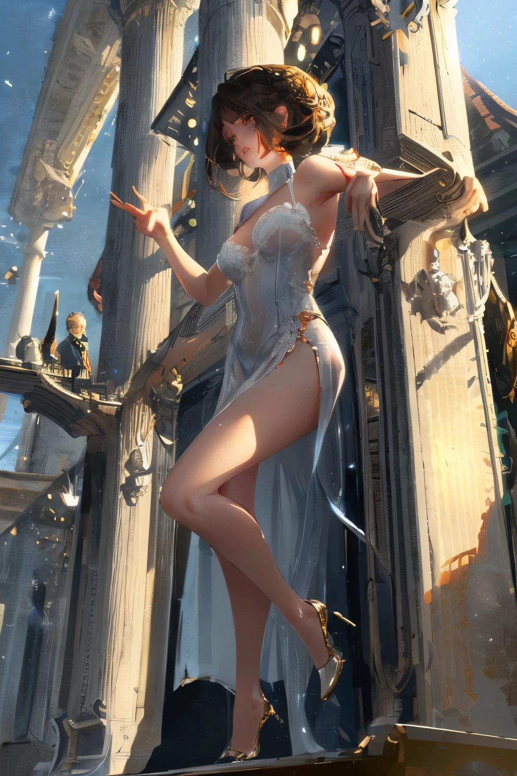 masterpiece, (front focus), 超realism女性肖像, fantasy art, realism, dynamic lighting, art station, poster, Volumetric lighting, The details are very rich, dark, puffy eyes, shiny pupils,4K, Award-winning, 1 girl, low profile,full-body shot, (official clothes: 1.4,White lace gown), street lamp, dark brown hair,