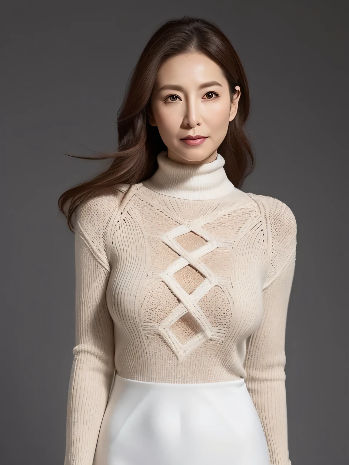High resolution, High level image quality, high detail, masterpiece, rough skin, anatomically correct, sharp, gray background((japanese mature, 90 years old)), alone, ((facial wrinkles)), good shape big breasts, Straight light brown hair that reaches to the shoulders,part your hair from left to right, Chubby body type (((stand upright, facing the center of the screen.))), Close your mouth and look straight ahead with a serious face, See-through white tight dress,sweater, skirt, ((cowboy shot)),