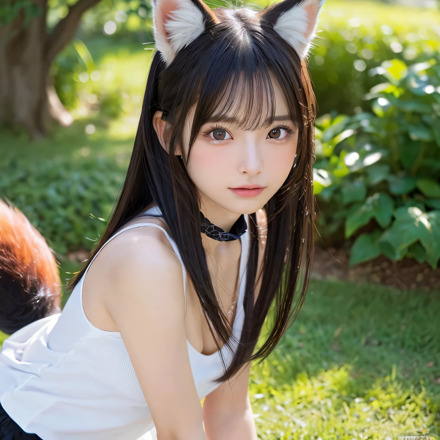 Girl with a furry Tail , Fox girl, Fox Tail, Tail, collared shirt, top quality, Bushy Tail,on the table, best quality, illustration, Ultra-deTailed, finedeTail, Hight resolution, 8k wallpaper, Perfect dynamic composition, Beautiful deTailed eyes,full body photography,original photography、(((ultimate beauty portrait)))、((sparkling skin)),((masterpiece、top quality、ultra-deTailliert、movie light、intricate-deTail、Hight resolution、ighly deTailed))、background for this、8 kood、digital SLR、soft light、Hightquality、film grain、富士XT3、(Whole BodyEsbian),facing forward,(black socks),High_High heel,permanent, 