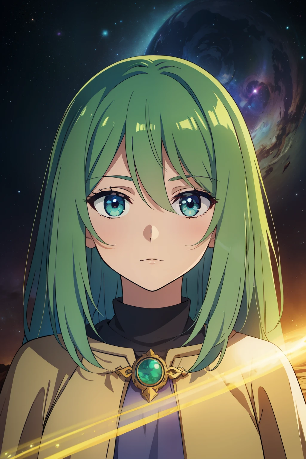 (high-quality, breathtaking),(expressive eyes, perfect face) 1female, female, solo, short height, , long length hair, blue and green hair color, multi-coloured hair, unkept hair, earthy colored eyes, kind expression, warm soft smile, cloak, shirt, fantasy mage clothing, adventurers attire, Earth planet, Tellus Mater Roman God of the Earth, space background, portrait, upper body, magic, stylized hair