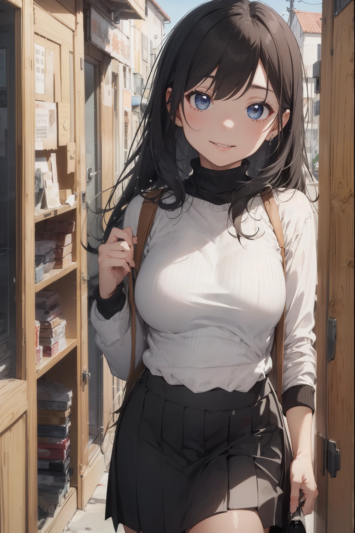 ((masterpiece)), ((best quality)), ((highest quality)), ((ultra-detailed)), ((8k cg wallpaper)), ((extremely delicate and beautiful)), ((illustration)), (high resolution), 1lady, black hair, straight hair, smile, turtleneck sweater, skirt, large breasts, office, looking at viewer, more_details:-1, more_details:0, more_details:0.5, more_details:1, more_details:1.5