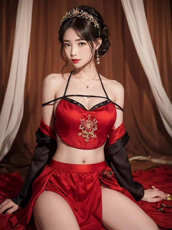  1 girl, navel, alone, actual, diaphragm, bare shoulders, sitting, hair accessories, black hair, jewelry, curtain, brown hair, open lips, skirt, red skirt, looking at the audience, （（chain））cowboy shooting, juemei