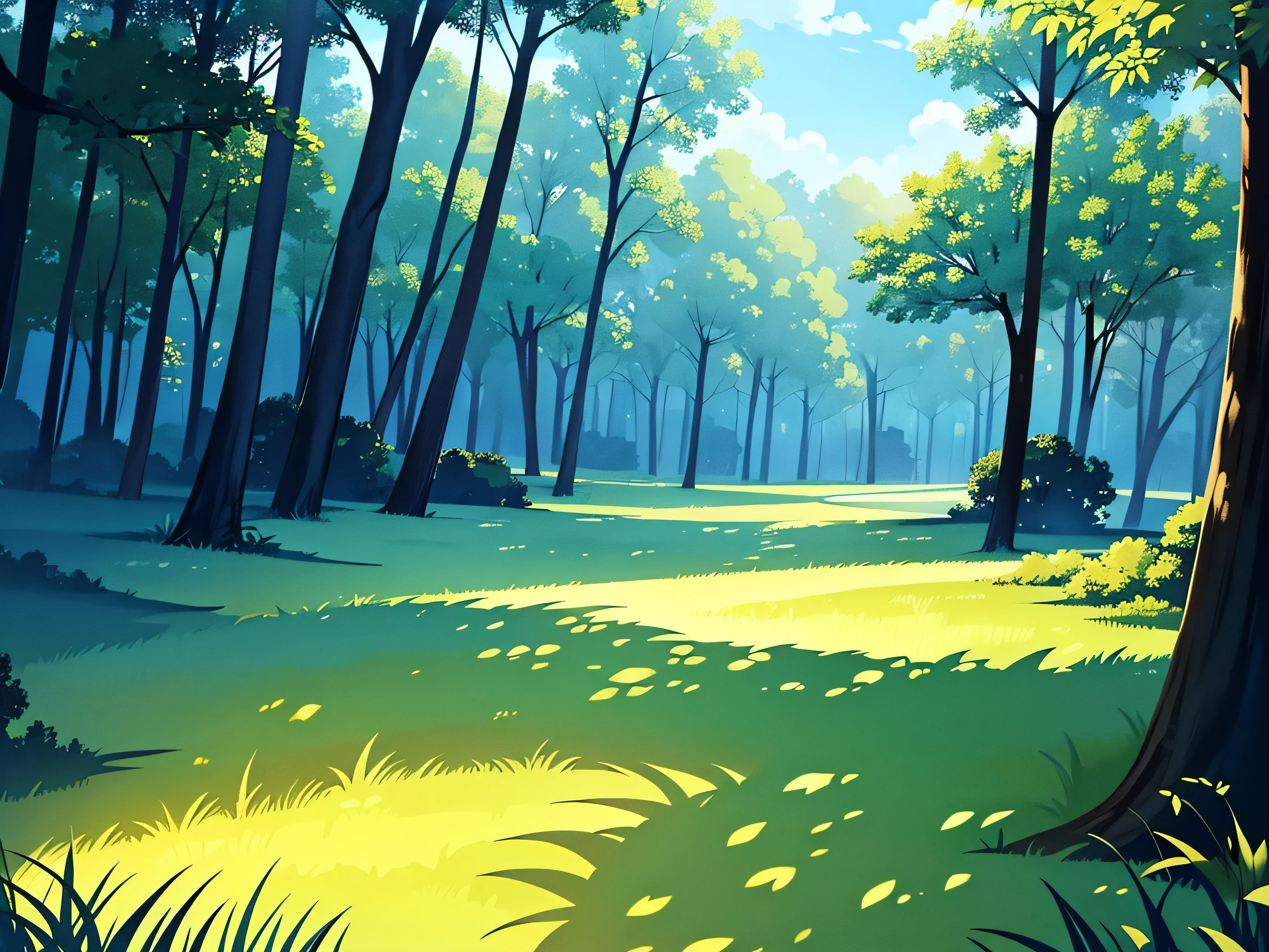 Deep in the woods, grass on the floor, trees in the distance