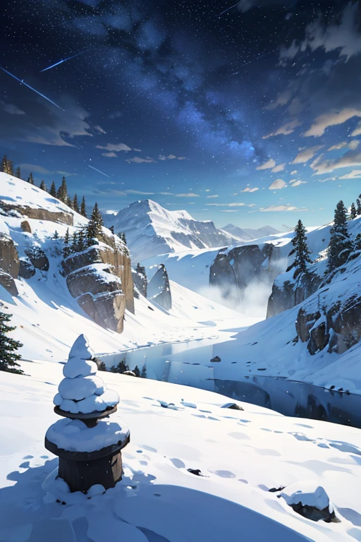 {{{masterpiece}}}, {{best quality, Ultra-fine illustration, beautifully detailed water}}, {{very delicate light}}, {{Nature, painting}}, {{subtle lighting, more transparent stars, high quality snowflakes, high quality acid, Very nice 8KCG wallpaper}}, (plateau), (((snow mountain))), sunrise, Randomly distributed cloud, (Snowfield), cliff, ((rotating star sky)), ((lake in the valley)), glowing particles