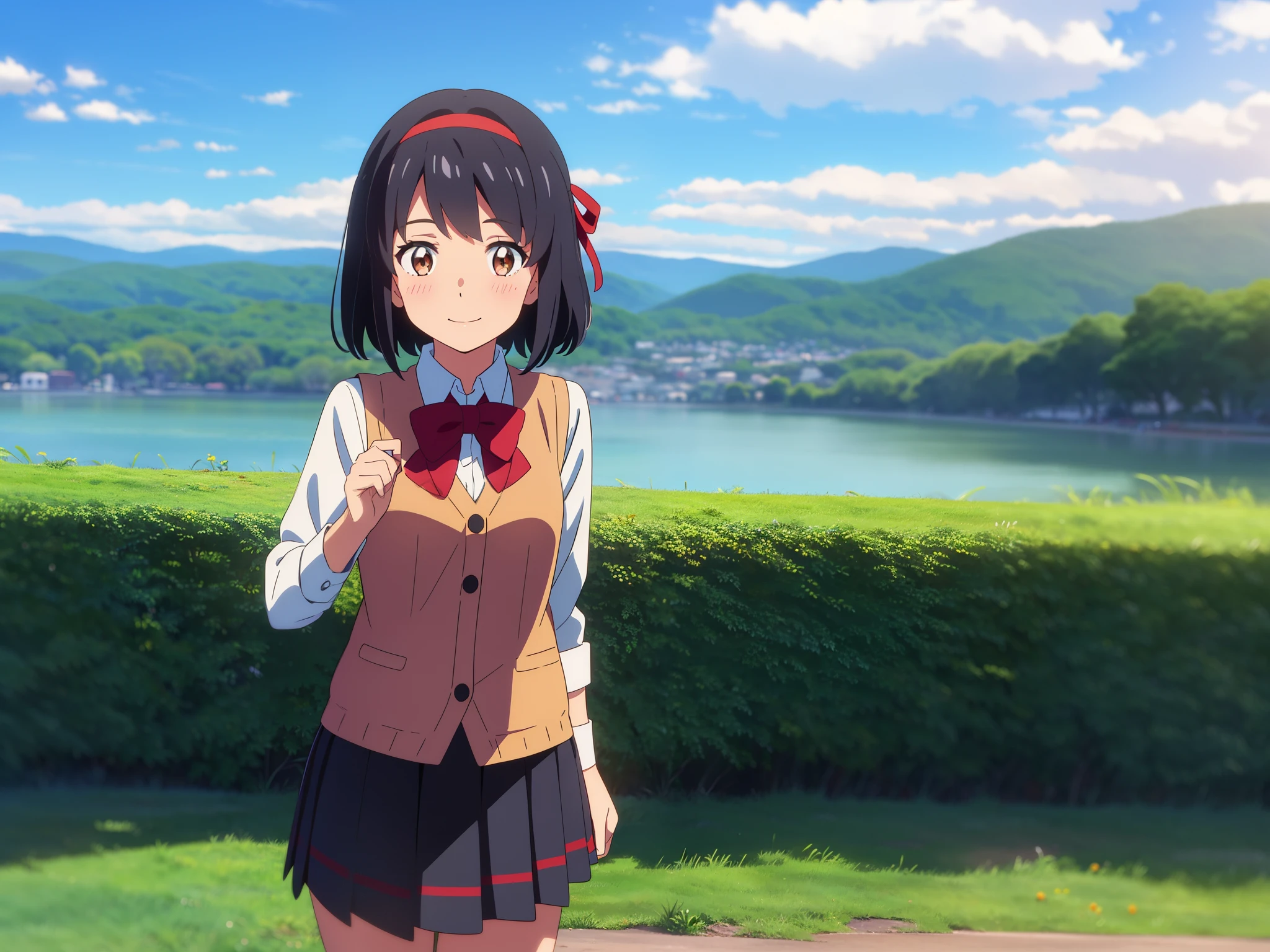 shinkai makoto, kimi no na wa., 1girl, bangs, black hair, blush, bright eyes, brown eyes, red headband, red bow, red ribbon, short hair, smile, cute, beautiful, shiny skin, looking at viewer, solo, White dress shirts, orange vest, skirt, plaid skirt, outdoors, sky, cloudy