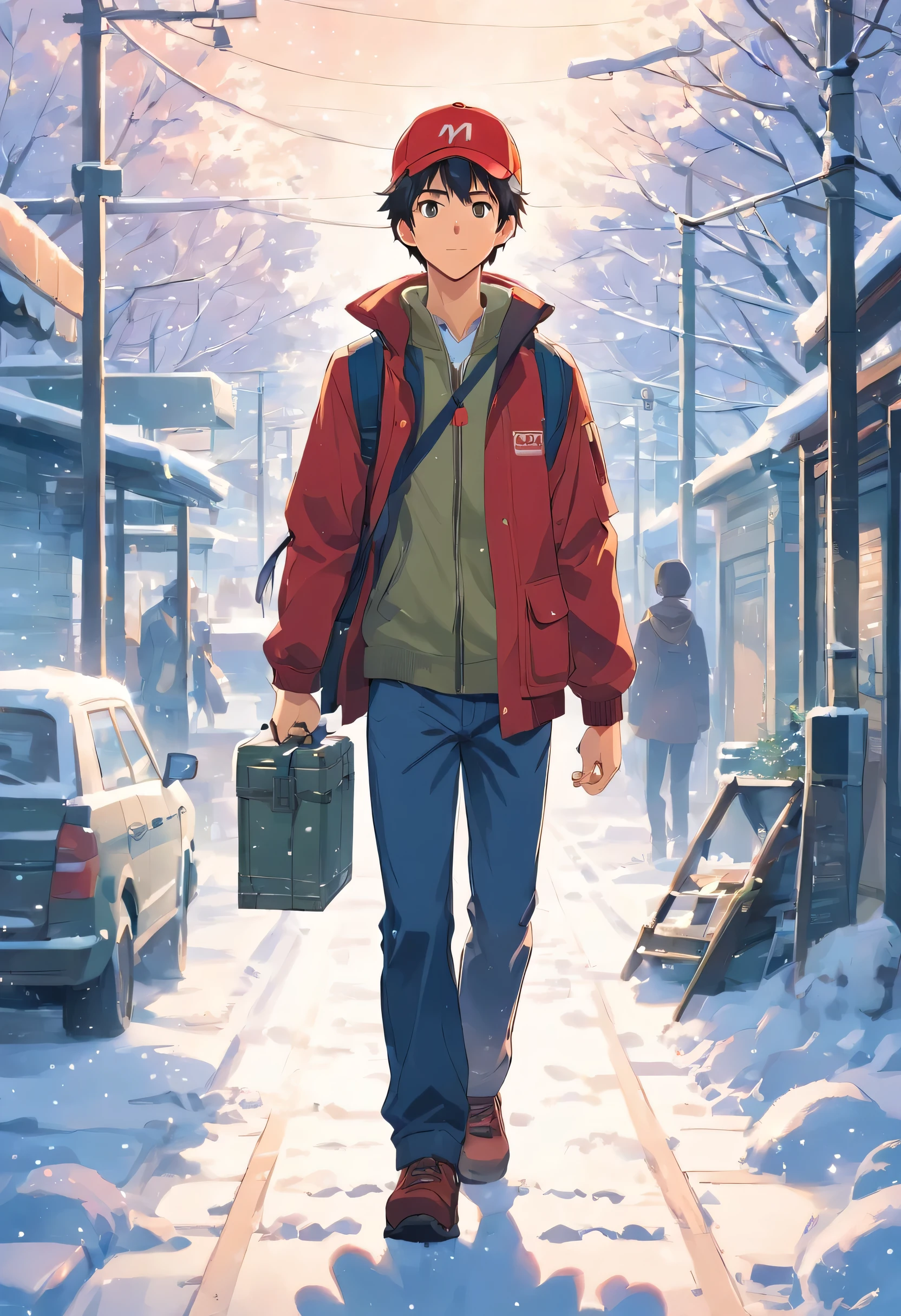 winter,There is snow on the ground,snow,a young man,engineer,Wearing a red baseball cap,put on red coat,long trousers,Wearing a backpack,Toolbox in hand,handheld tool box,On the way to work