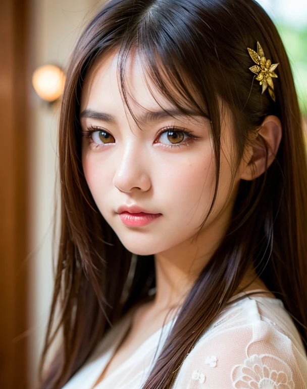 best quality, face focus, soft light, ultra high res, (photorealistic:1.4), RAW photo,
1japanese girl, solo, cute, (pupil, lights in the eyes),  detailed beautiful face, (),(high resolution detail of human skin texture),
(long hair),
indoor,
Damask Shirt Dress,
(portrait)