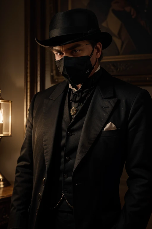 Generate an image of a Victorian-era detective, Detective Alexander Hartley, with furrowed brows, standing in a dimly lit room, examining a mysterious letter adorned with an emblem reminiscent of a masked figure. Capture the intensity in his eyes as he contemplates the challenge posed by the emblem.