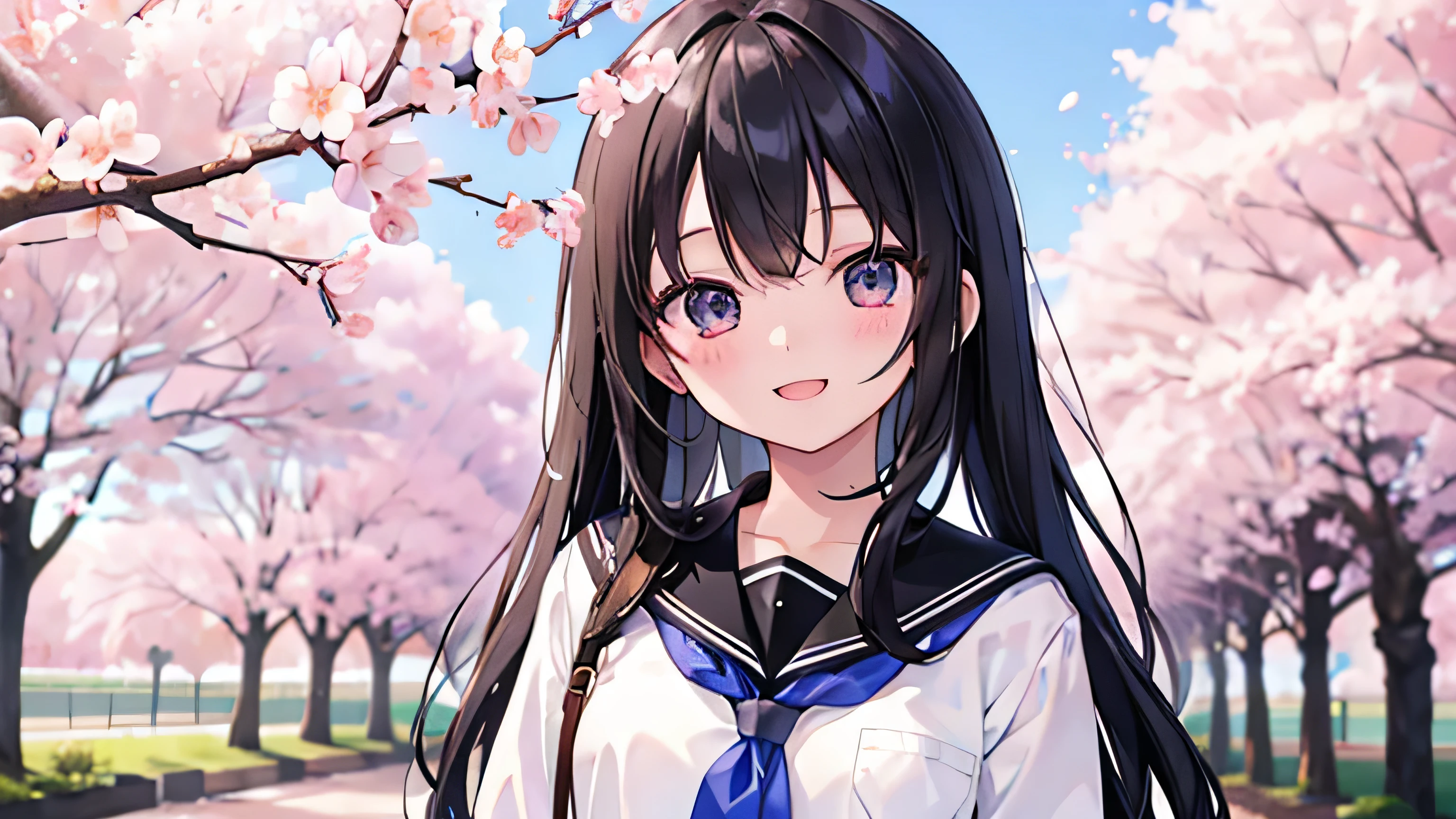 with a girl、２name、wide shot、18-year-old、black hair、black eye、semidi hair length、big smile、happy expression、、student、uniform、cherry blossoms、garden