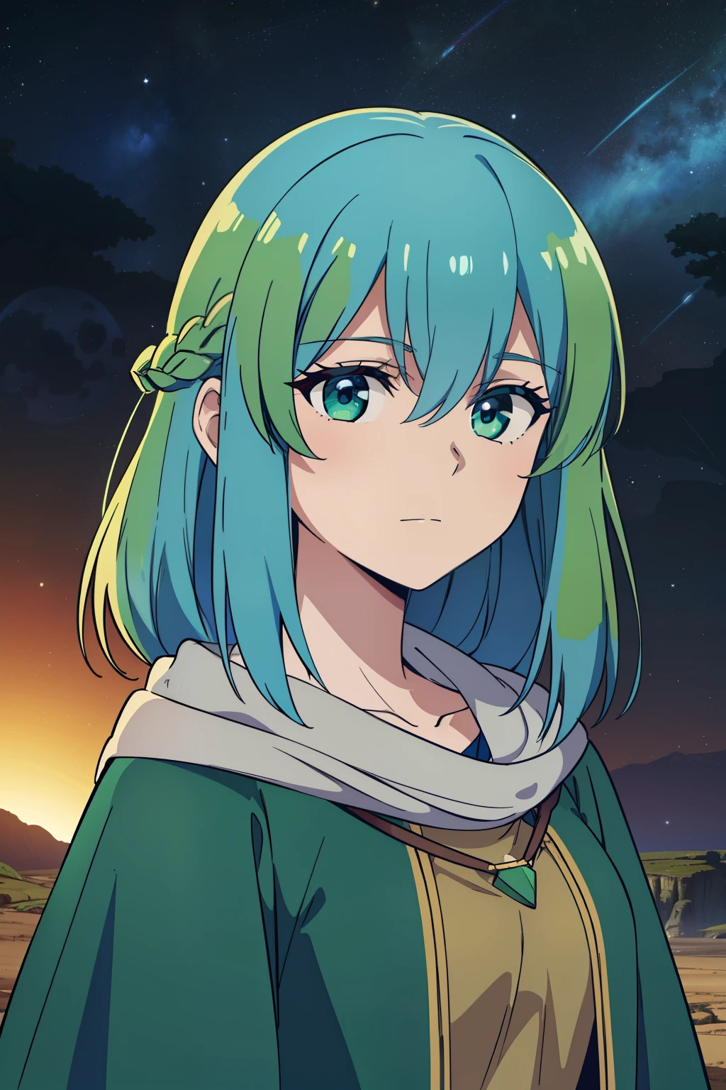 (high-quality, breathtaking),(expressive eyes, perfect face) 1female, female, solo, short height, young teenager age, long length hair, blue and green hair color, multi-coloured hair blue with green, unkept hair, earthy colored eyes, kind expression, warm soft smile, cloak, shirt, fantasy mage clothing, adventurers attire, Earth planet, Tellus Mater Roman God of the Earth, space background, portrait, upper body, magic, stylized hair
