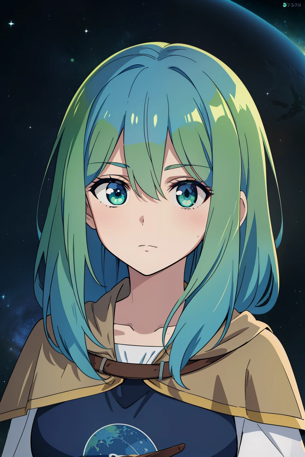 (high-quality, breathtaking),(expressive eyes, perfect face) 1female, female, solo, short height, young teenager age, long length hair, blue and green hair color, multi-coloured hair blue with green, unkept hair, earthy colored eyes, kind expression, warm soft smile, cloak, shirt, fantasy mage clothing, adventurers attire, Earth planet, Tellus Mater Roman God of the Earth, space background, portrait, upper body, magic, stylized hair
