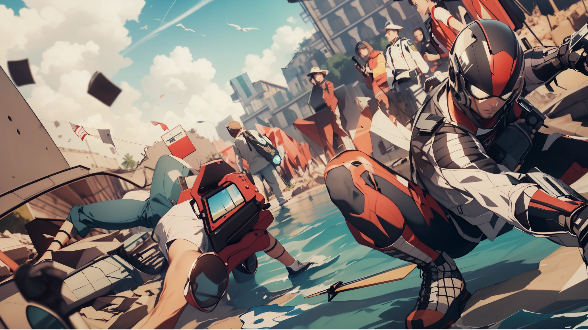 Capture the breathtaking moment as a someone falls out of the sky and crashes on a police car, as the superhero lands in front. This RAW masterpiece showcases an ultra-high resolution, photorealistic full-body portrait, illuminated by the warm glow of sunlight. The scene is rendered in the captivating style of mecha sci-fi anime, boasting an impressive 8K resolution for the best quality imagery. Crafted with Unreal Engine 1.4, this piece features ultra-realistic 64K CG, skin texture at 1.4, and volumetric fog to add depth and atmosphere. The details are further enhanced with 8K UHD, DSLR quality, film grain, and the artistic touch of lomography. The result is a stunning blend of high-quality visuals, translucent effects, and photorealism that truly captivates the viewer.