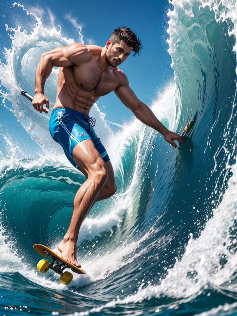 8k,8K resolution,一位武术家打扮的surf者,Ride on huge waves,Use kung fu and water control to navigate the water,Enjoy panoramic views of the sea and rippling blue waves,muscular european, handsome man,charming eyes,rough real skin,beautiful, smooth and shiny,Full muscles,Thick body hair, (Wearing fashionable swimming trunks),big bag,emphasize,a vibrant atmosphere,bright colors,dynamic composition,Canon EO SRS camera,FU J if11M Pr O400H film,35mm lens,shallow view deep,surf,The waves are high,Dashing out of the waves quickly on a skateboard with both feet,Beautiful and professional pose,professional lighting,Professional photography,Realistic photos,realistic model,realistic art