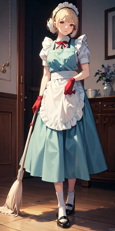 ((best quality)), ((masterpiece)), (detailed),full body anime picture of a female cleaning member , light blue outfit , 1 person , maid outfit , puffy skirt