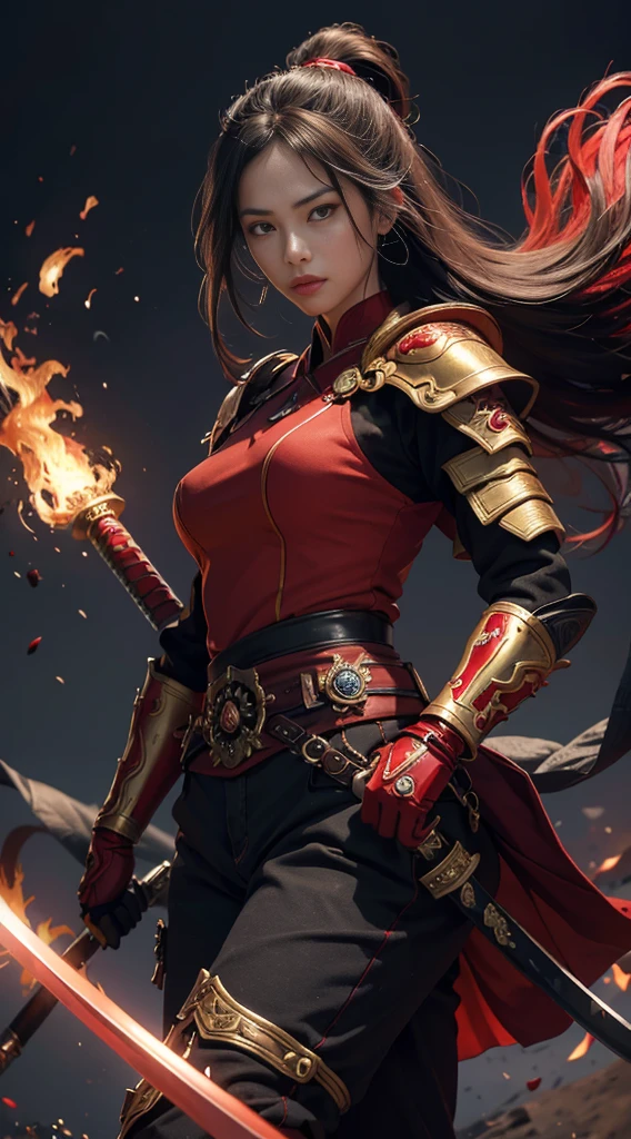 This is a carefully crafted, intricate fantasy portrait depicting a strong and determined samurai goddess with a flaming sword. soft outfit, red robe, black accents, padded armour, beautiful woman (fire powers:1.2), torri background