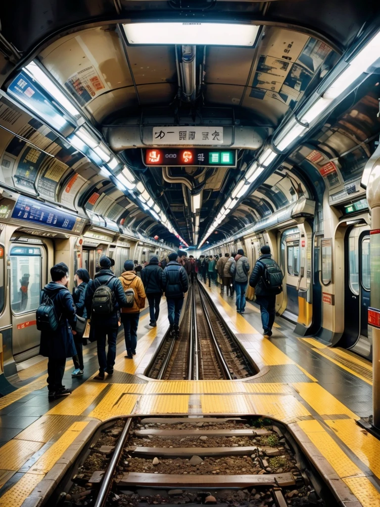 （best quality，8k，high resolution，masterpiece：1.2）（(undergroundtransportation站)），UHD，Super fine，sharp focus,Physically based rendering, extreme detail description,major,bright colors, Photos of subway stations, Metro trains, Commuter, TRAIN STATION,railway,transportation,underground,City,City生活,architecture, ((people, crowd)), 地铁站underground通道, City生活方式, atmosphere, undergroundtransportation, Metro platform, The lights are blurry, reflection