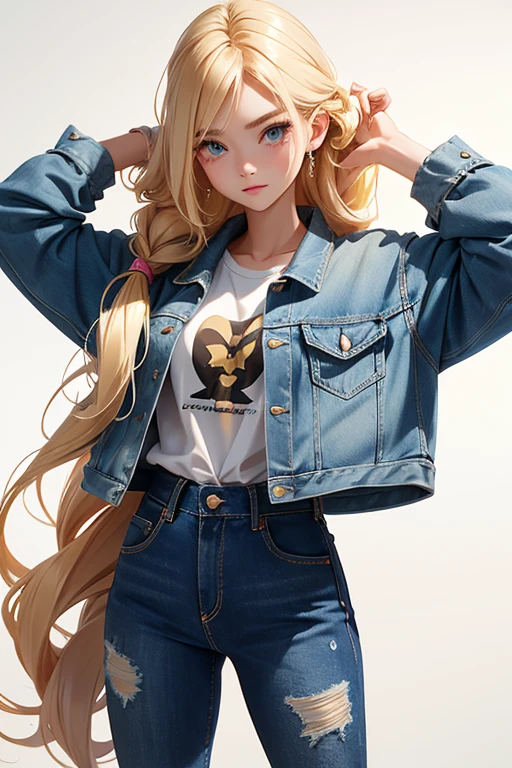 20th generation women,baby-faced woman,long blonde hair,one tied hairstyle,hair stretched out on the back,denim jackets,denim pants