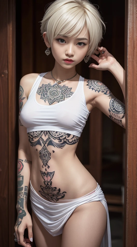 Thai,teen,18 year old woman, white skin, big breasts, mandala_tattoo,old_school_tattoo, crop_top, short hair, peircing_nipples, punk_dress, Looking_over_shoulder, big_chest, pistol