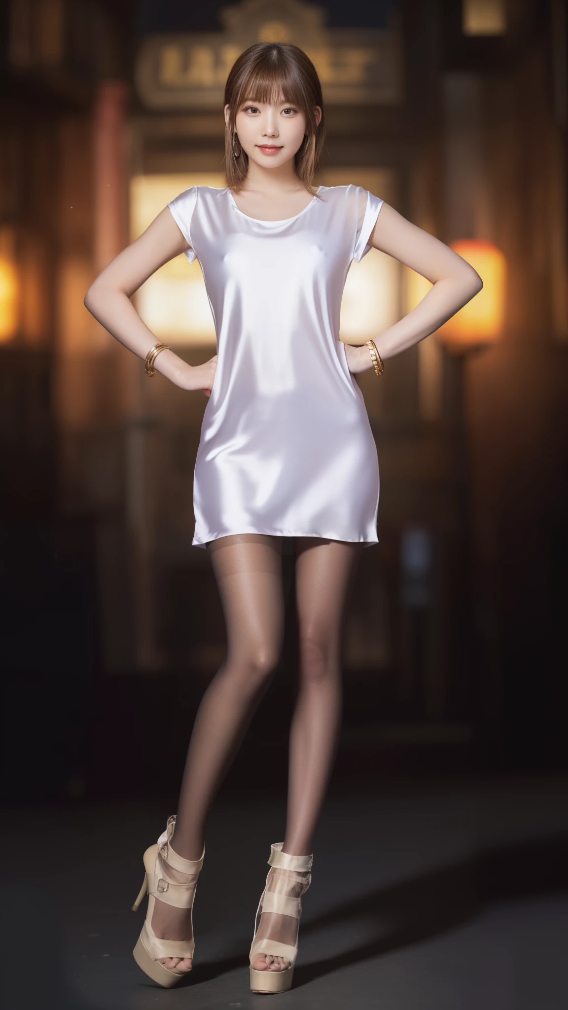 8K, table top, RAW photo, highest quality, realistic, Highly detailed CG Unity 8K wallpaper, Depth of bounds written, cinematic light, Lens flare, ray tracing, (very beautiful face, beautiful lips, beautiful eyes), face with intricate details, ((super dense skin)) 1 girl, in the dark, deep shadow, cute korean girl, Flashy makeup with red eyeshadow,her shortcut, Delicate light brown hair is slightly disheveled with side waves.,wearing large ring earrings,K-POP idol, 1 girl, (very slim and slender fit muscular body:1.3), ((looking at the viewer)),(big smile:1.3), (sleeve fashion city night, Hand Precise,dark night, (neon sign), (blurred background), fashion street night),(no people in the background:1.3), beautiful earrings, bracelet, necklace, pantyhose, clear eyes, walk, (white skin), (big eye ace forward, ((upper body shot)), ((super mini color silk dress:1.3)),(brown hair),((tight fit lace dress)), (See through), open chest, very slim, medium breasts, backtracking,((buckshot)), See through, Medium Butt, Ultra Super Mini Skirt, updo hair, Wearing black high heels,