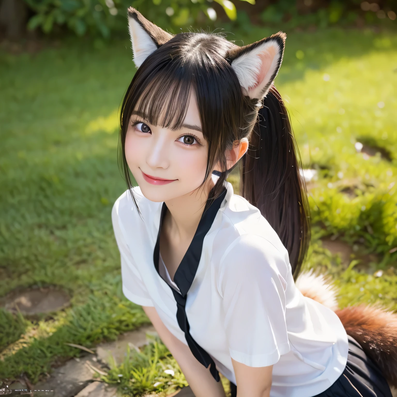 Girl with a furry Tail , Fox girl, Fox Tail, Tail, collared shirt, top quality, Bushy Tail,on the table, best quality, illustration, Ultra-deTailed, finedeTail, high resolution, 8k wallpaper, Perfect dynamic composition, Beautiful deTailed eyes,whole body摄影,original photography、(((ultimate beauty portrait)))、((sparkling skin)),((masterpiece、top quality、ultra-deTailliert、movie light、intricate-deTail、high resolution、ighly deTailed))、background for this、8 kood、digital SLR、soft light、high quality、film grain、富士XT3、Above the legs、whole body、Smile