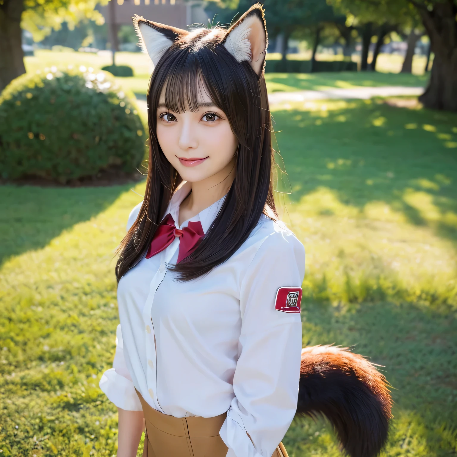 1girl,(background: Garden),looking at viewer,photorealistic,realistic,solo,Outdoor:1,Flowers,Blue sky and white clouds,Mountains,pencil skirt,torn legwear,tail