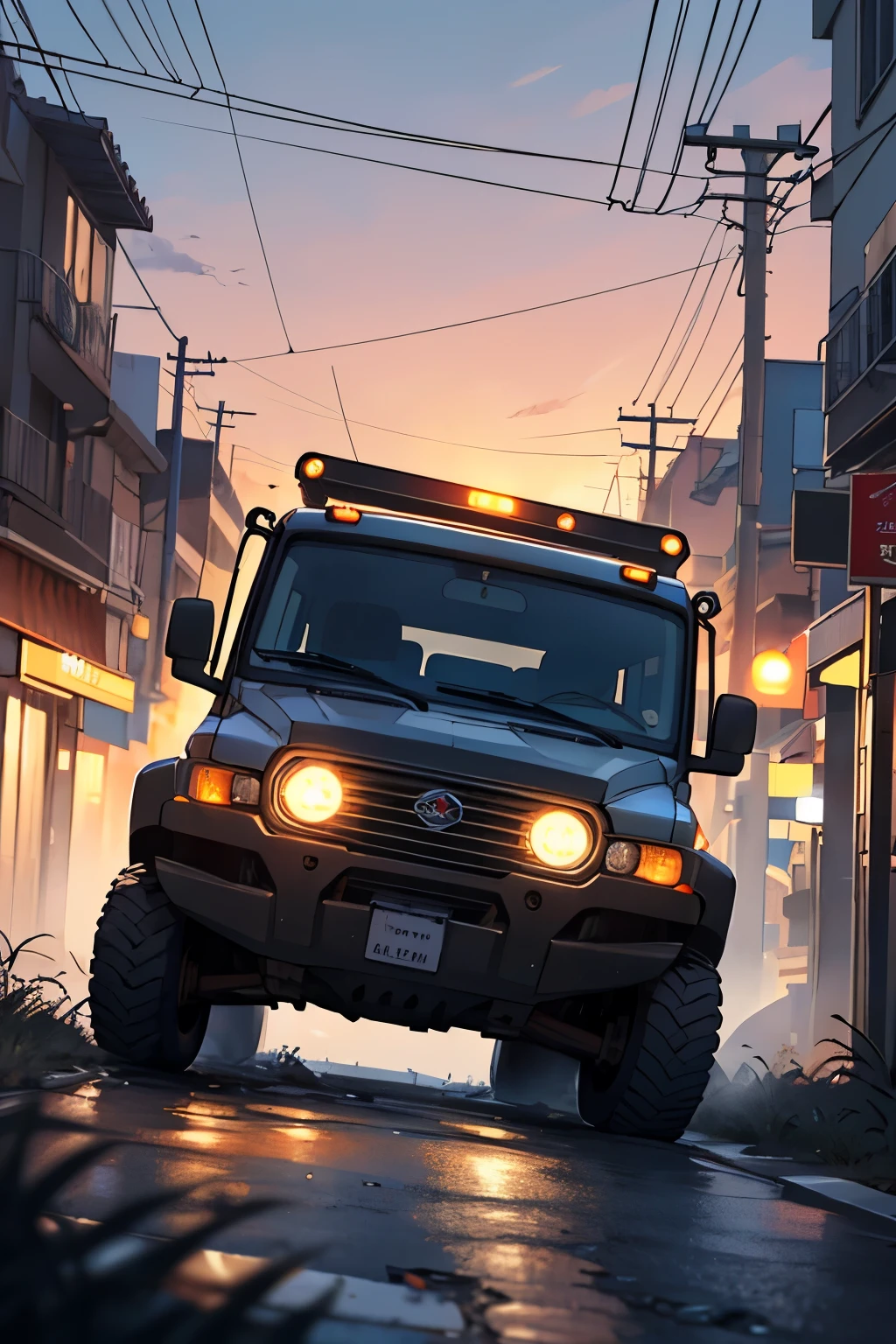 Messy streets, dim street lights and sunset, an off-road vehicle parked on the roadside
.((best quality)), ((masterpiece)), (detailed), perfect face
