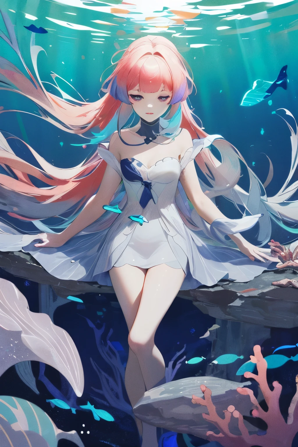 （（upscale，16k，masterpiece：1.3）），（beautiful woman，Sleep at the bottom of the sea，dark ocean landscape，white dress），pink and green，colorful，flowing hair，(high saturation),(colorful splash),Colorful bubbles,(shining)
