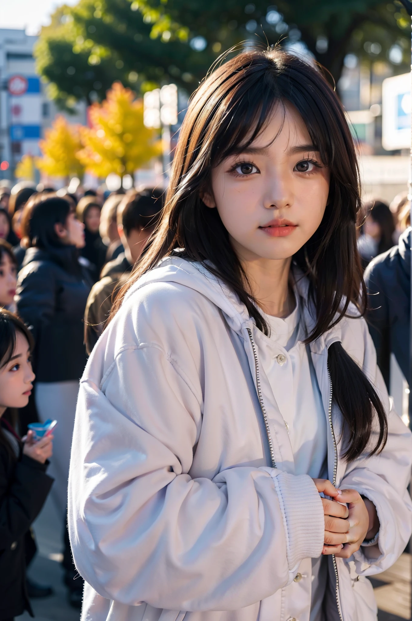 top quality、ultra high resolution、(Realism:1.4)、1 girl、cute little、(Japanese pop idol)、(Egiosar:1)、(puffy eyes)、looking at the audience、facing forward、lol、Autumnal、Parka