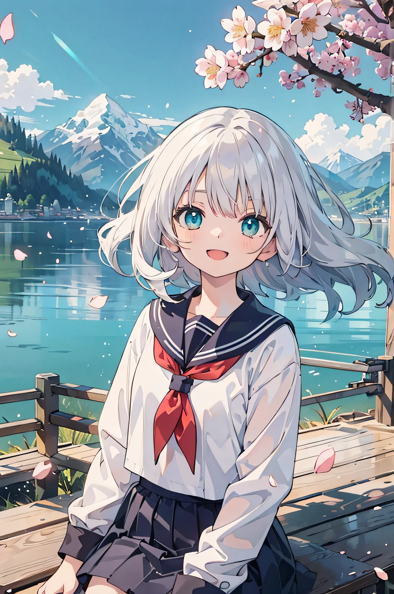 (masterpiece), scenery, mountainous horizon, cherry blossoms, petals, light particles, upper body, 1girl, sailor, wavy hair, floating hair, smile, sitting, open mouth, light particles, silver hair, aqua eyes, looking at viewer, face focus
