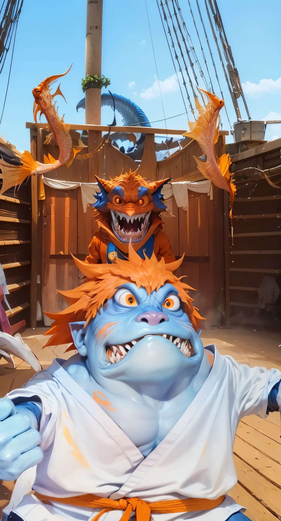 Real life adaption of this character , A monster with a scary face similar to a fish,Has sharp canine teeth, blue skin, realistic same orange hair , (realistic same outfit wear karate outfit with orange belt), orange eyebrow,pose ready to fight,realistic background , realistic light, realistic shadow, realism, hyper realistic,(photorealistic:1.2), normal small eyes,