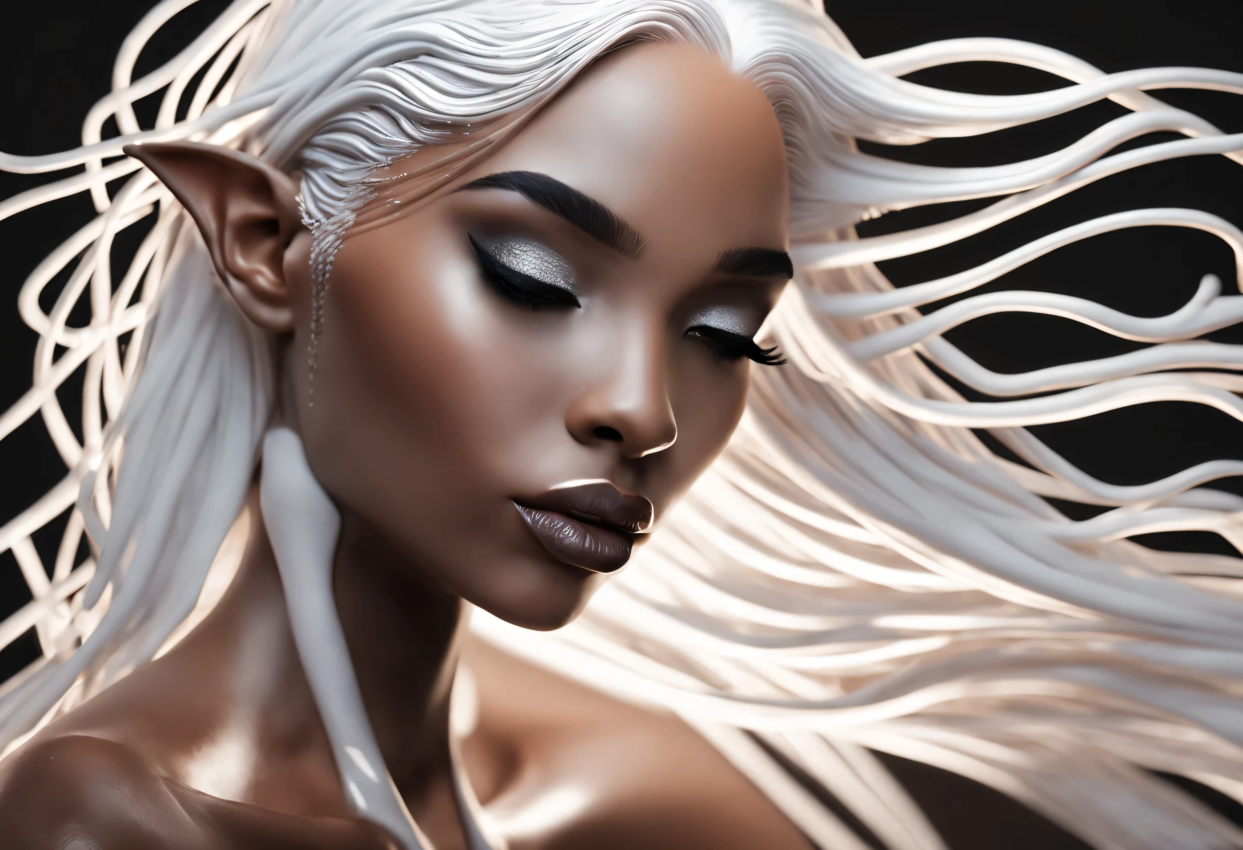 Abstract style simple background, Elf, open lips, dark skinned women, wet, white hair, shining, 暗dark skin, black background, dripping water, 1 girl, pointed ears, long hair, eyelash, portrait, mercury, dark skin, eyes closed, trumpet, teeth, white eyes, beautiful, strong, elegant, luxurious, elite, dramatic light, illuminated, sharp focus
 . Non-representative, Color and shape, expression of emotion, imaginative, Very detailed