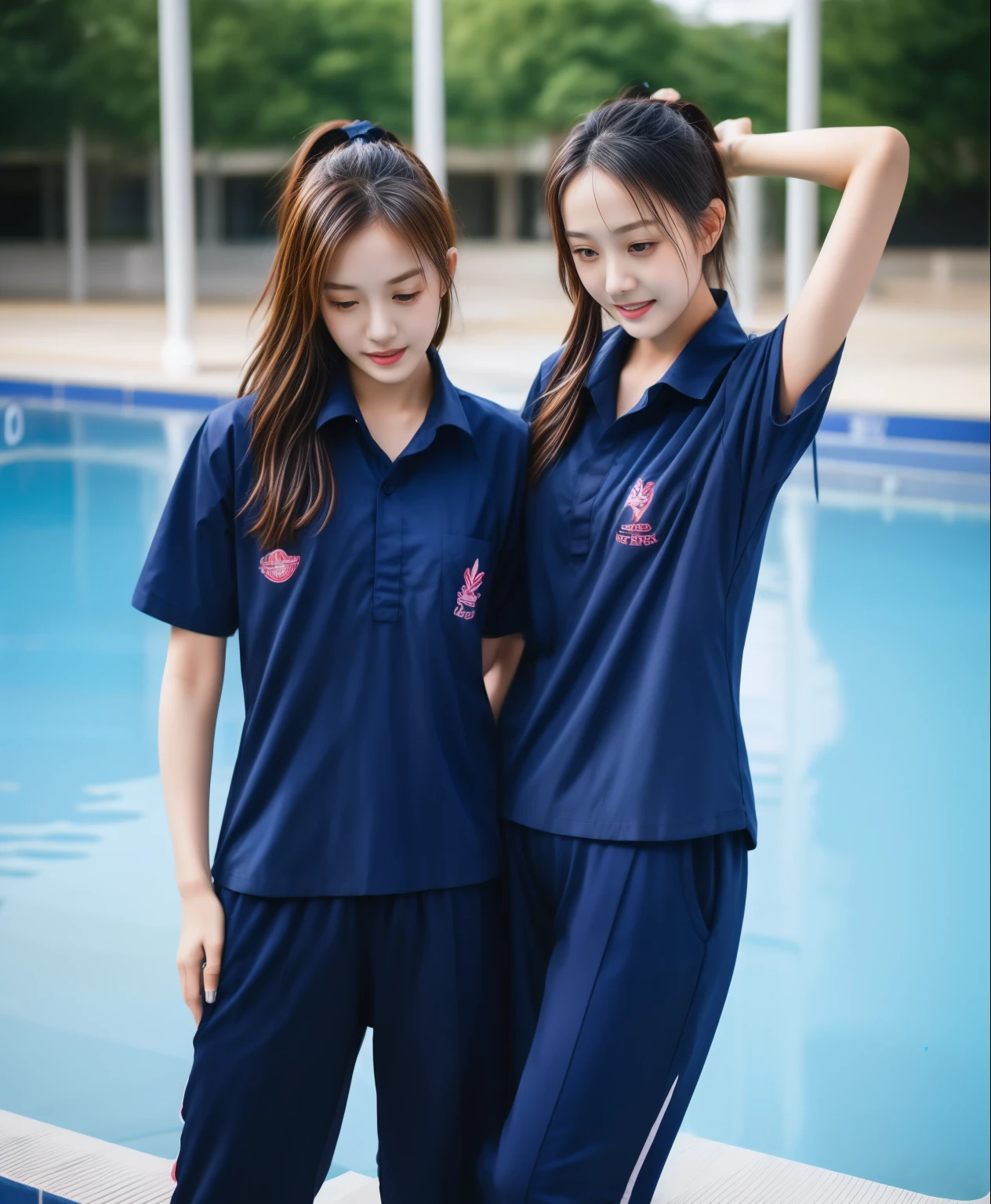 2 young women in the swimming pool, Navy blue short-sleeved shirt,Navy Long Trackpant,Sweatpants, Sweatpantsขายาว,25 year old girl, lesbian, sexy, exercise clothes, Sweating, เหงื่อsexy, Sexual arousal, wet body