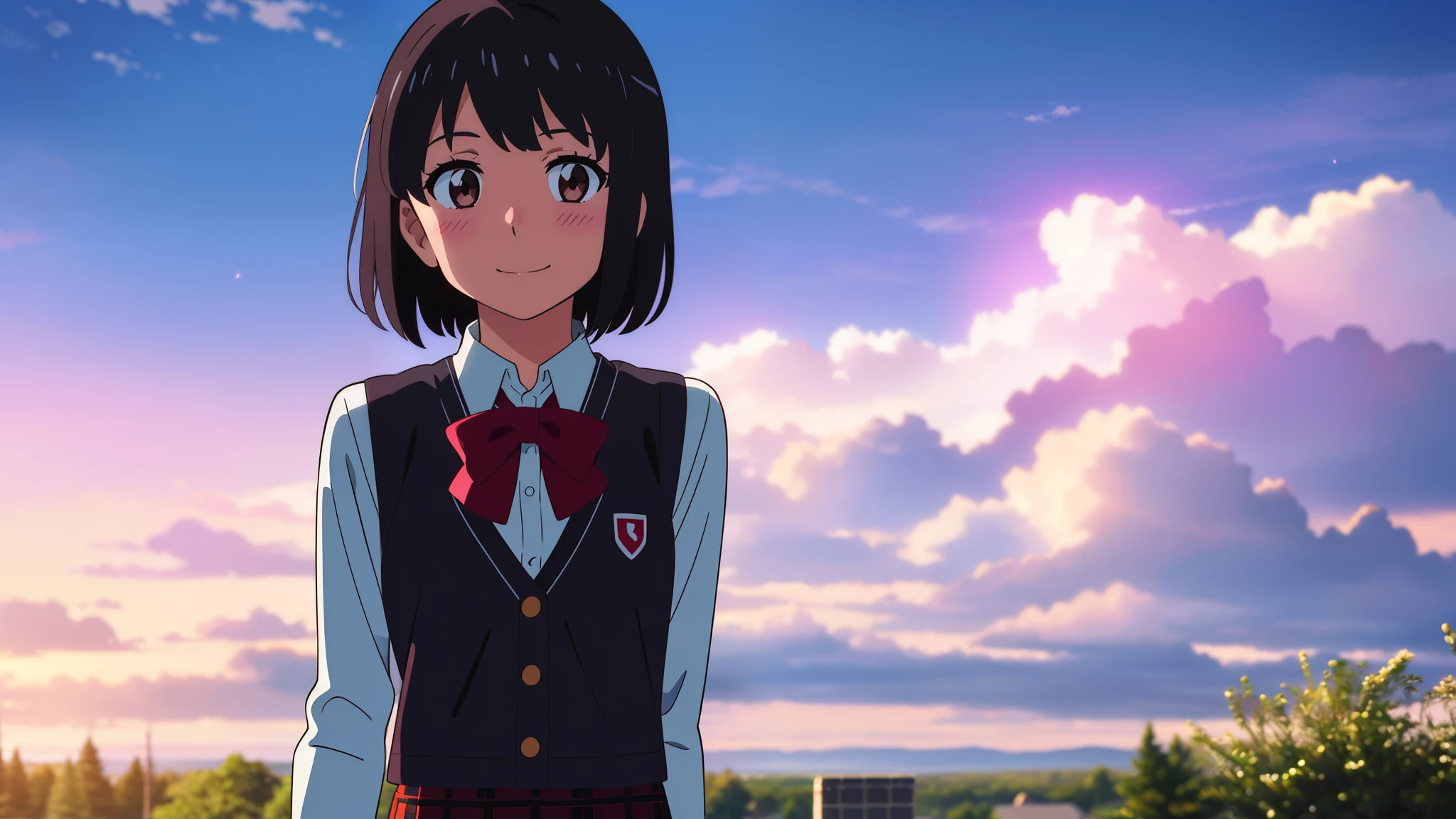 shinkai makoto, kimi no na wa., 1girl, bangs, black hair, blush, bright eyes, brown eyes, red headband, red bow, red ribbon, short hair, smile, cute, beautiful, shiny skin, looking at viewer, solo, White dress shirts, orange vest, skirt, plaid skirt, outdoors, sky, cloudy
