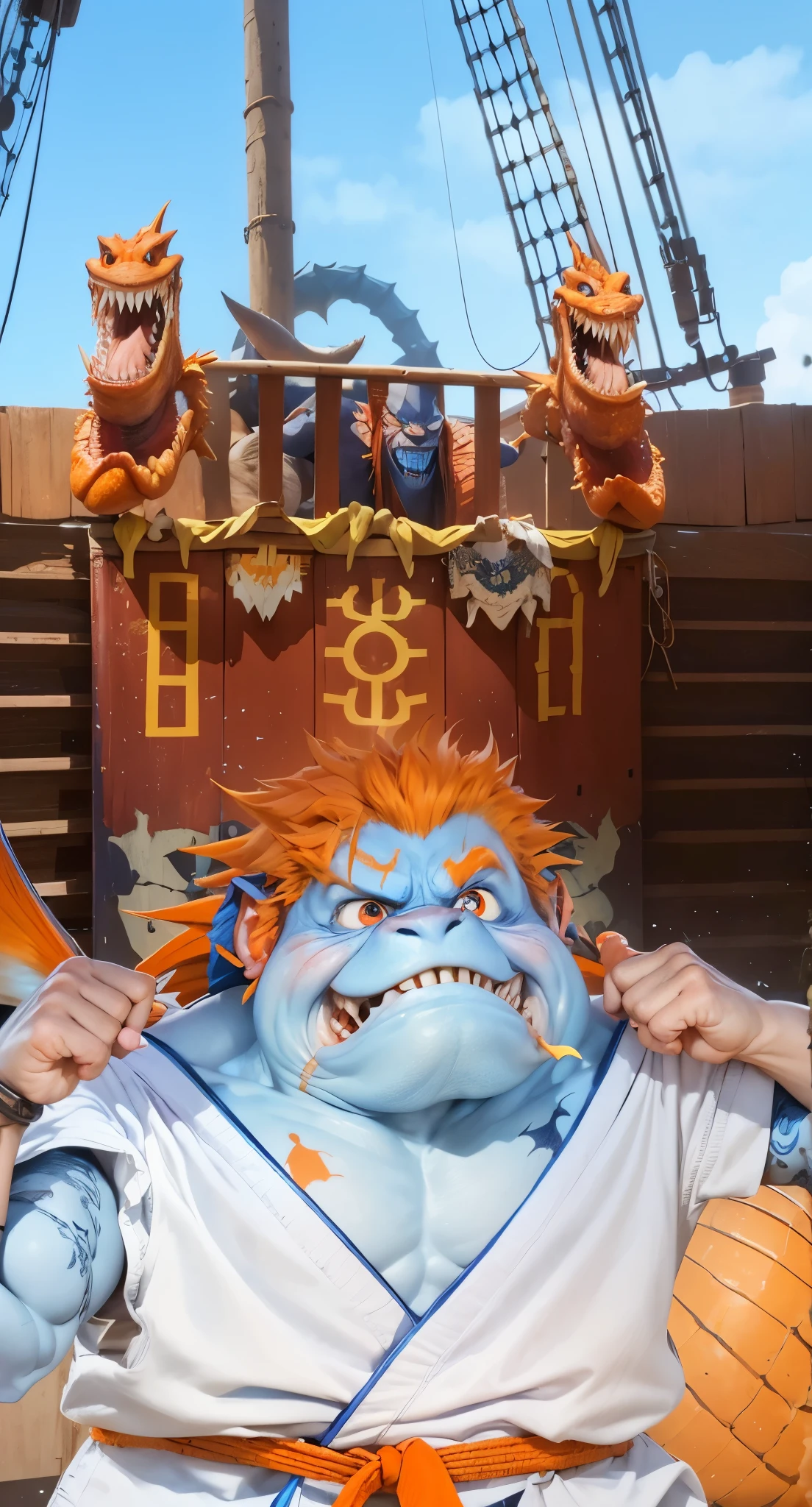 Real life adaption of this character , A monster with a scary face similar to a fish,Has sharp canine teeth, blue skin, realistic same orange hair , (realistic same outfit wear karate outfit with orange belt), orange eyebrow,pose ready to fight,realistic background , realistic light, realistic shadow, realism, hyper realistic,(photorealistic:1.2), normal small eyes,