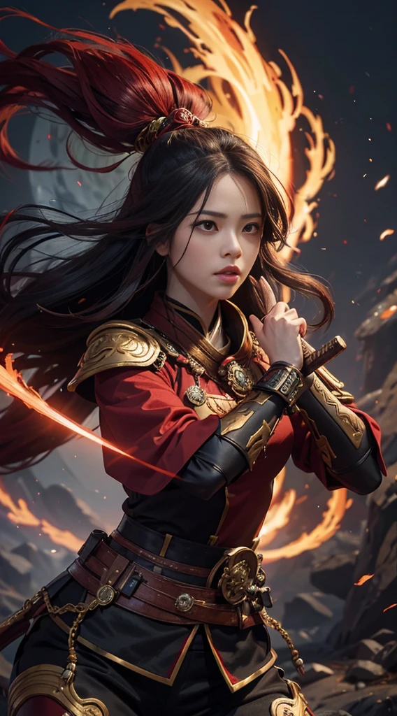 8K,Photorealsitic Raw photography top-quality;1.4) (hermosa mujer) extremely beautiful (Lifelike face) Girl with Japan sword on his waist Black and red samurai armor Black and red trousers(Golden decoration) Glowing red eyes glaring at you 超A high resolution A hyper-realistic real looking skin enticing Beautiful expression Demon Hunters of Beast City combat scene Iai Slash Intense red aura from the body(Red effect)