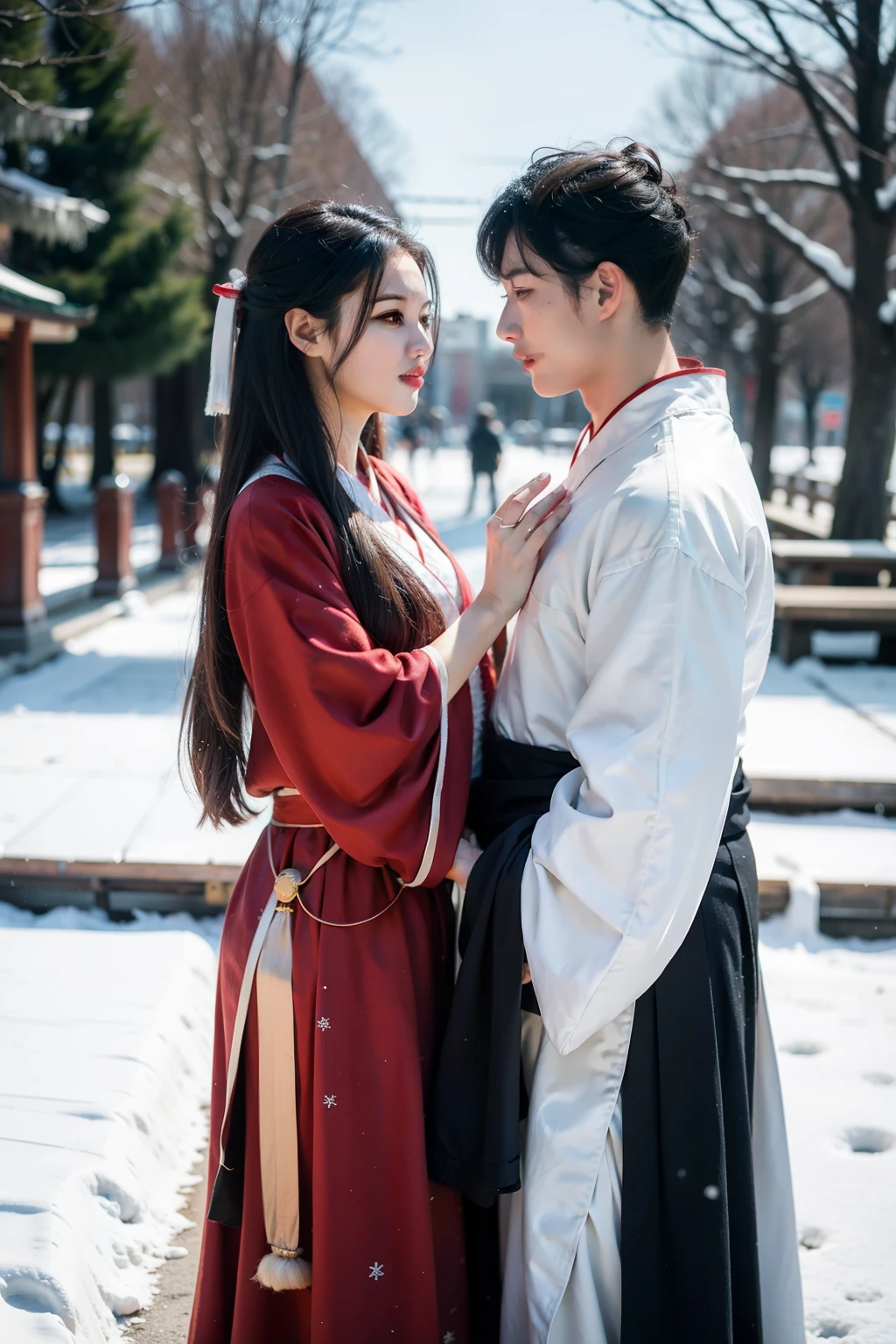 couple，Hanfu，face to face，Snow