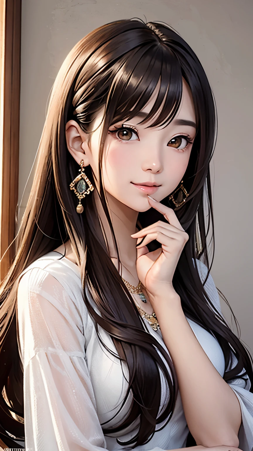 an unparalleled masterpiece、Ultra-realistic 8k CG、perfect artwork、wallpaper、1 Girl Girl Beautiful Girl、alone、beautiful face、
hair ornaments、looking at the viewer、Put a smile on your face、closed your mouth、dress、hair ornaments、headless、jewelry、earrings、Chinese service、Brown hair long hair、◯◯ hairstyle