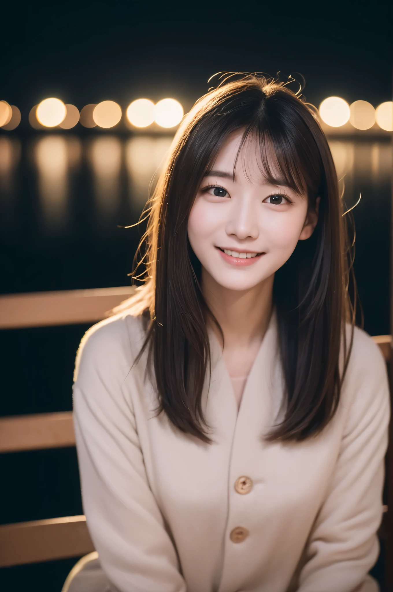 (8K、original photography、top quality、Masterpiece:1.2)、30 years old、(Japanese)、1 female、a delicate face、delicate eyes、detailed mouth、Smile、Sitting on a park bench at night、With the moon as a background、Angle from diagonally down