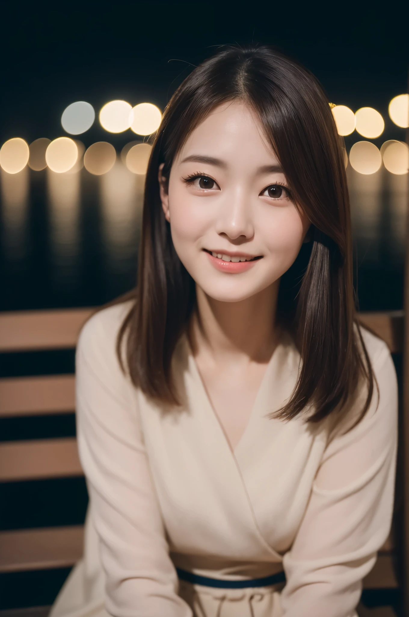(8K、original photography、top quality、Masterpiece:1.2)、30 years old、(Japanese)、1 female、a delicate face、delicate eyes、detailed mouth、Smile、Sitting on a park bench at night、With the moon as a background、Angle from diagonally down