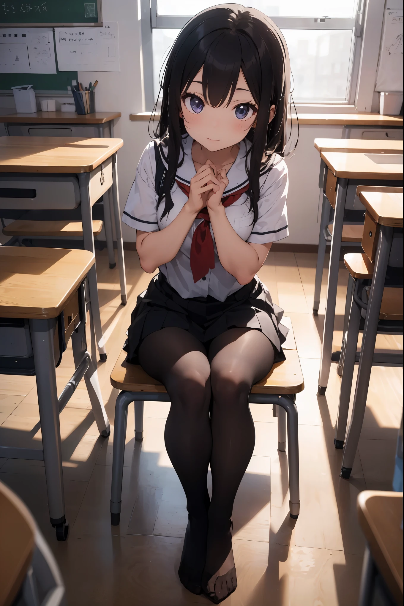Masterpiece, Best Quality, Ultra Detailed, Illustration, Colorful, FAQ Color, Depth of Field, Lens Glow, 1girl, Anime, Seated, Brunette Look, School, Classroom, Pleated erafuku, Black Pantyhose, Delicate Skin Texture, Delicate Fabric Texture, Nice and Meticulous Face, Normal Hands, Full body