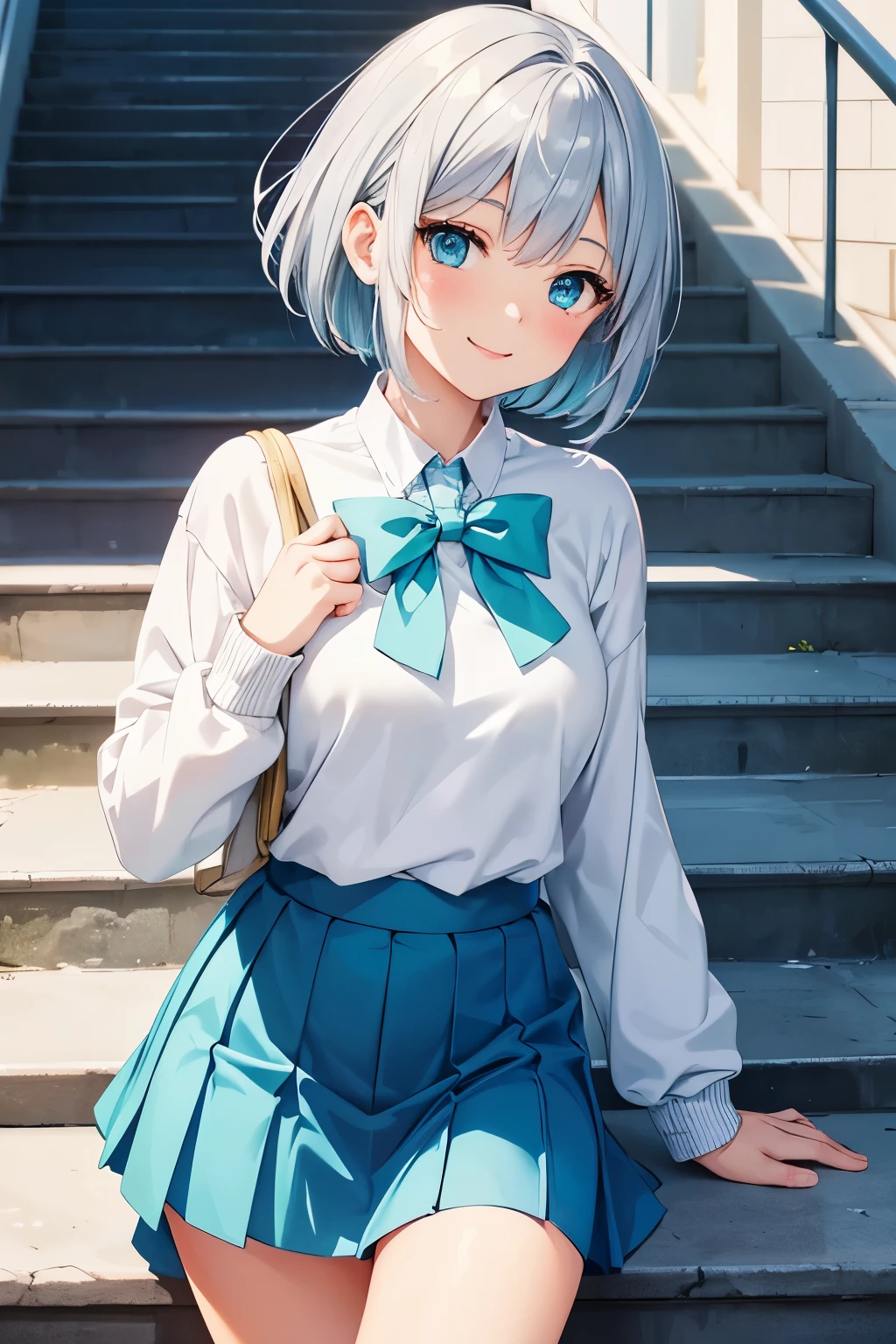 "Create a high-quality anime-style illustration of a cute girl with a bright smile. She has silver short hair with a hint of light blue at the nape and beautiful aqua blue eyes. Her outfit includes a  with a sweater and skirt. The background should be a school staircase."