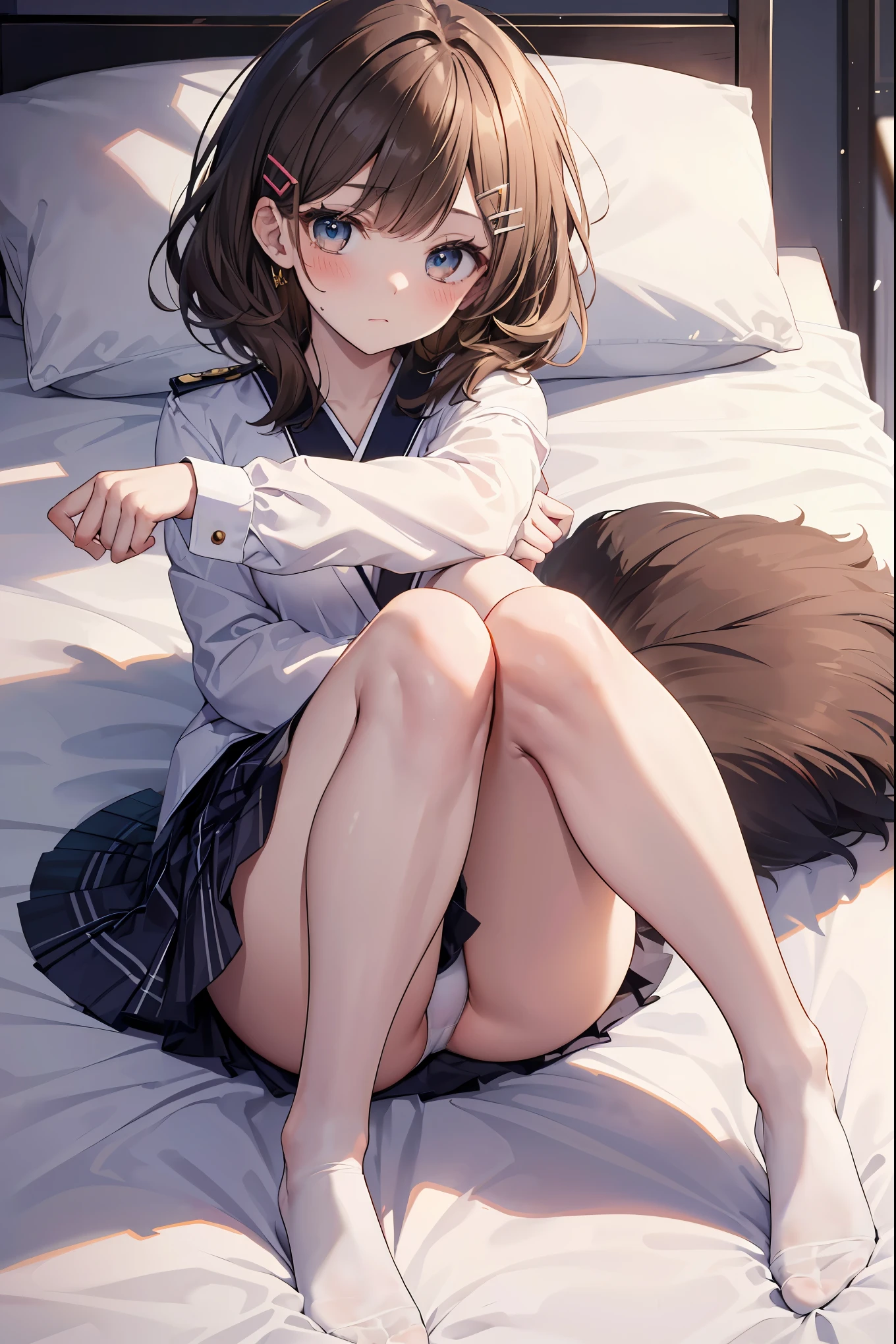 Top quality, masterpiece, insanely detailed, (Full body shot), front view, symmetry, Mature Japanese high school girl, alone, (Solo: 1.3), slender legs, whole body from head to toe, from above, sitting, M-shaped legs, staring at the viewer: 1.3), small breasts, (Black thin detail material and shiny tights): 1.2), white silk lace fabric underwear through the tights, very beautiful girl, no shoes, (Blush: 1.3), Shy big eyes, (Short (brown hairy part), (bangs), messy hair, (hair clip), lying on white sheets, looking at you: 1.3), looking at the camera, white silk lace fabric underwear visible, white lingerie, high blazer, high white blouse, high blue ribbon, high plaid and navy pleated skirt,
BREAK
(Pose that seduces a man: 1.3), (fascinating genius:1.5), (best lighting by famous artists: 1.2), 8K, ((acting instruction of captivating poses by famous masters: 1.6)), ((thighs spread to the left and right: 1.35)),
((deep depth of field:1.5)),
