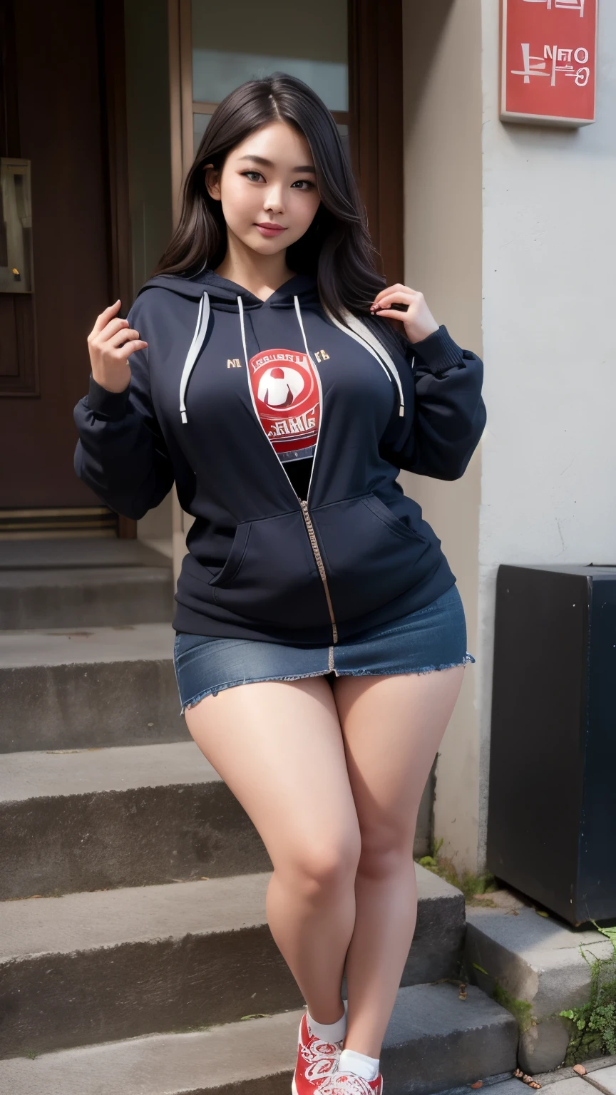 Mature woman, wearing a red t-shirts, wearing a thight skirt, chubby face, asian girl, big breast, big arm, big belly, chubby body, big thighs, chubby hips, bob hairstyle, bbwchan, cute girl, big tits, big , sie . Wearing a sneakers . Full body pose