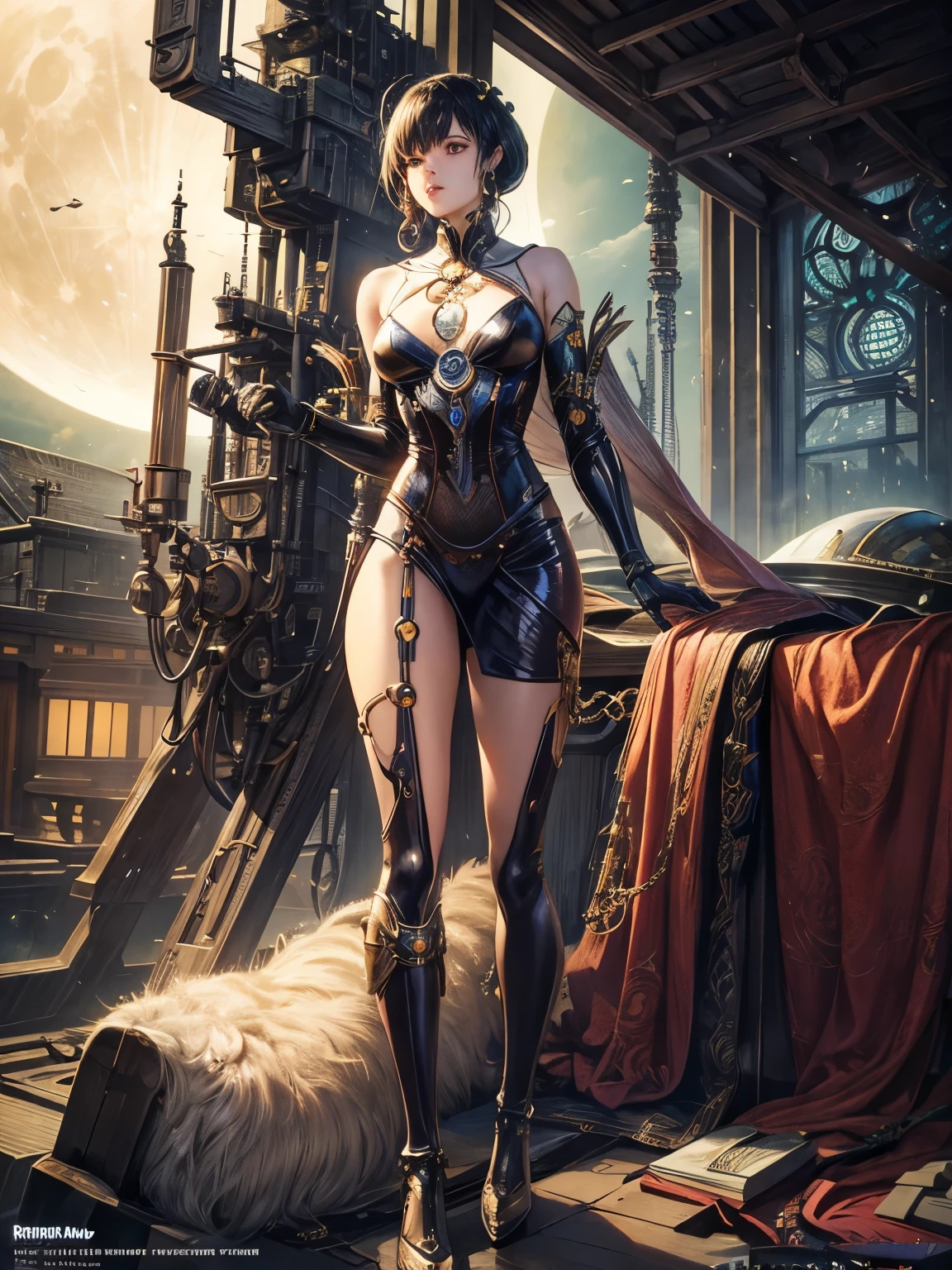 Gary Frank, Rita Kernn-Larsen, Surreal, mysterious, strange, fantastical, fantasy, Sci-fi, Japanese anime, mechanical moon, mechanism, machine age beautiful girl, perfect voluminous body, detailed masterpiece