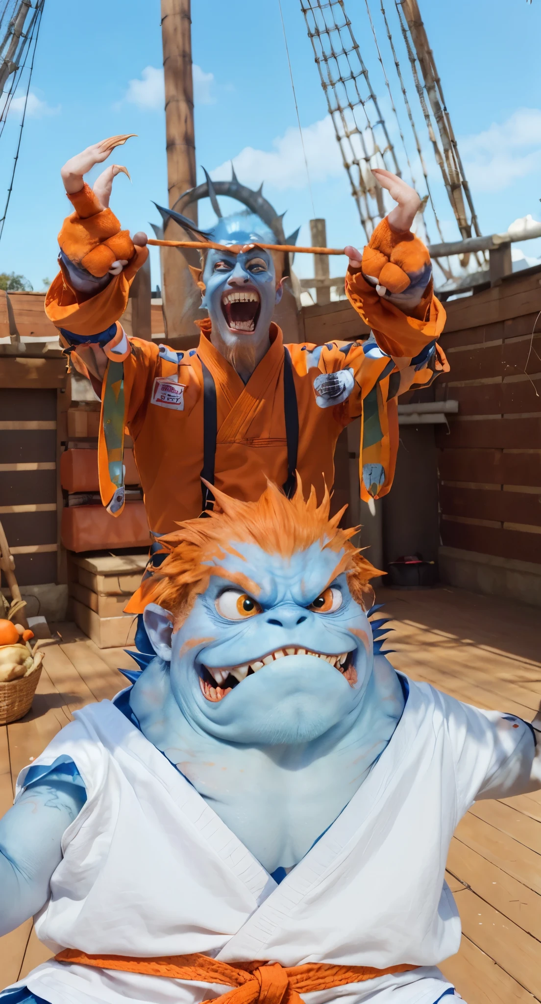 Real life adaption of this character , A monster with a scary face similar to a fish,Has sharp canine teeth, blue skin, realistic same orange hair , (realistic same outfit wear karate outfit with orange belt), orange eyebrow,pose ready to fight,realistic background , realistic light, realistic shadow, realism, hyper realistic,(photorealistic:1.2), normal small eyes,