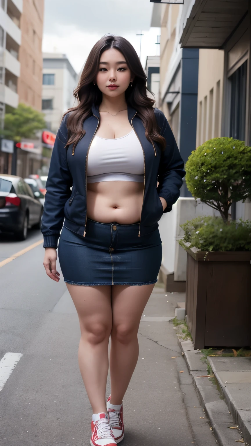 ((best quality)), ((masterpiece)), (detailed), perfect face, a woman in a dark-blue hoodi jacket jeans and thight skirt random posing for a picture, bbwchan, thick body, thicc, she has a jiggly fat round belly, korean girl, curvy model, beautiful thick female, thick, heonhwa choe, widest hips, skinny waist and thick hips, alluring plus sized model, thick thighs, nene tanaka body, nene tanaka face. Bbwchan, full body view, wearing a red sneaker, small breast, woman in proportions body, big eye, big cheeks