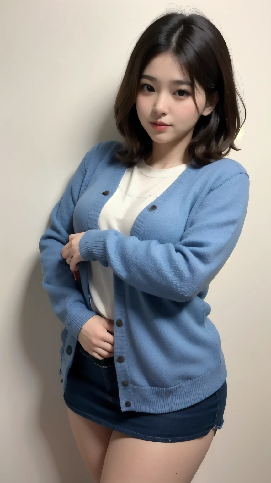 ((best quality)), ((masterpiece)), (detailed), perfect face, a woman in a dark-blue cardigan and long skirt random posing for a picture, bbwchan, thick body, thicc, she has a jiggly fat round belly, korean girl, curvy model, beautiful thick female, thick, heonhwa choe, widest hips, skinny waist and thick hips, alluring plus sized model, thick thighs, nene tanaka body, nene tanaka face. Bbwchan, full body view, wearing a red sneaker, small breast, woman in proportions body, big eye, big cheeks 