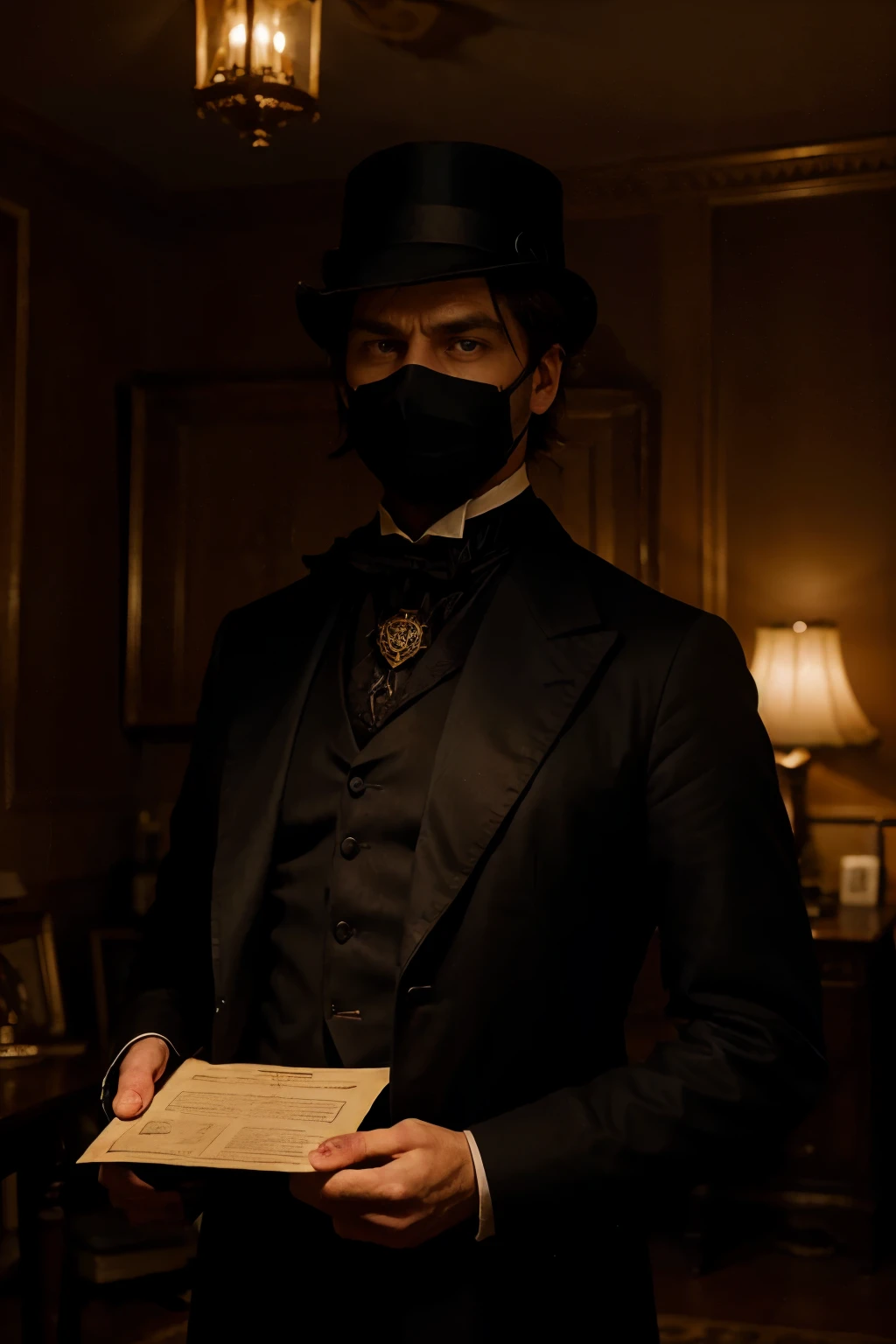 Generate an image of a Victorian-era detective, Detective Alexander Hartley, with furrowed brows, standing in a dimly lit room, examining a mysterious letter adorned with an emblem reminiscent of a masked figure. Capture the intensity in his eyes as he contemplates the challenge posed by the emblem.