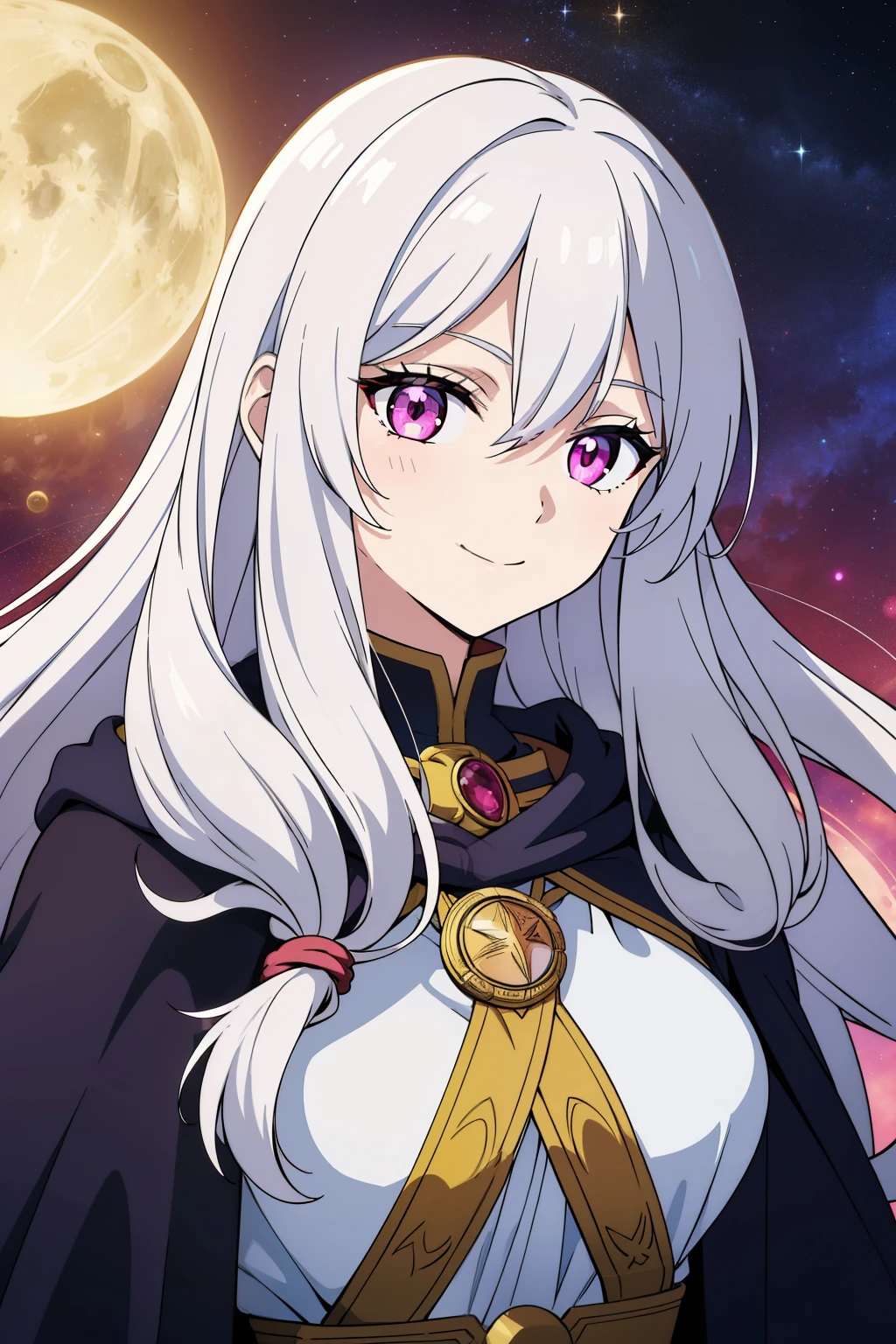 (high-quality, breathtaking),(expressive eyes, perfect face) 1female, female, solo, short height, young teenager age, long length hair, white hair color, glowing hair, unkept hair, pink eyes, kind expression, smiling, warm soft smile, cloak, shirt, fantasy mage clothing, adventurers attire, Venus planet, Venus Roman God of the Love, space background, portrait, upper body, magic, flower in hair, gorgeous flowy wavy hair
